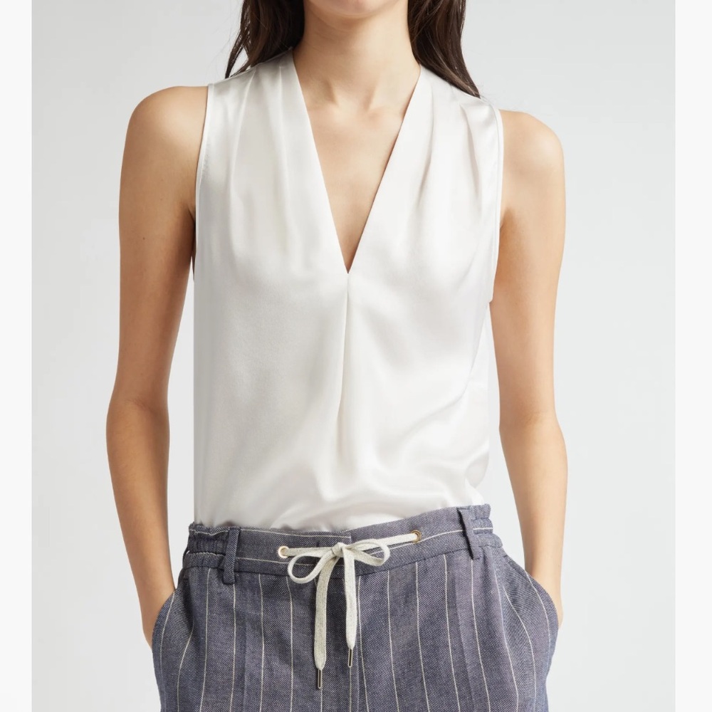 Eleventy Pleated Sleeveless Silk Satin V-Neck Top in Ivory White $795 MSRP